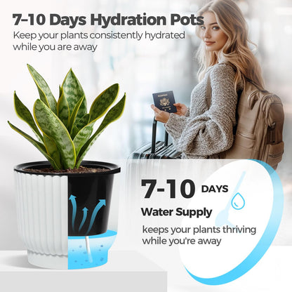 T4U 6 Inch Self Watering Pots for Indoor Plants, 6 Pack White Plastic Flower Pots for All House Plants, Flowers, African Violets