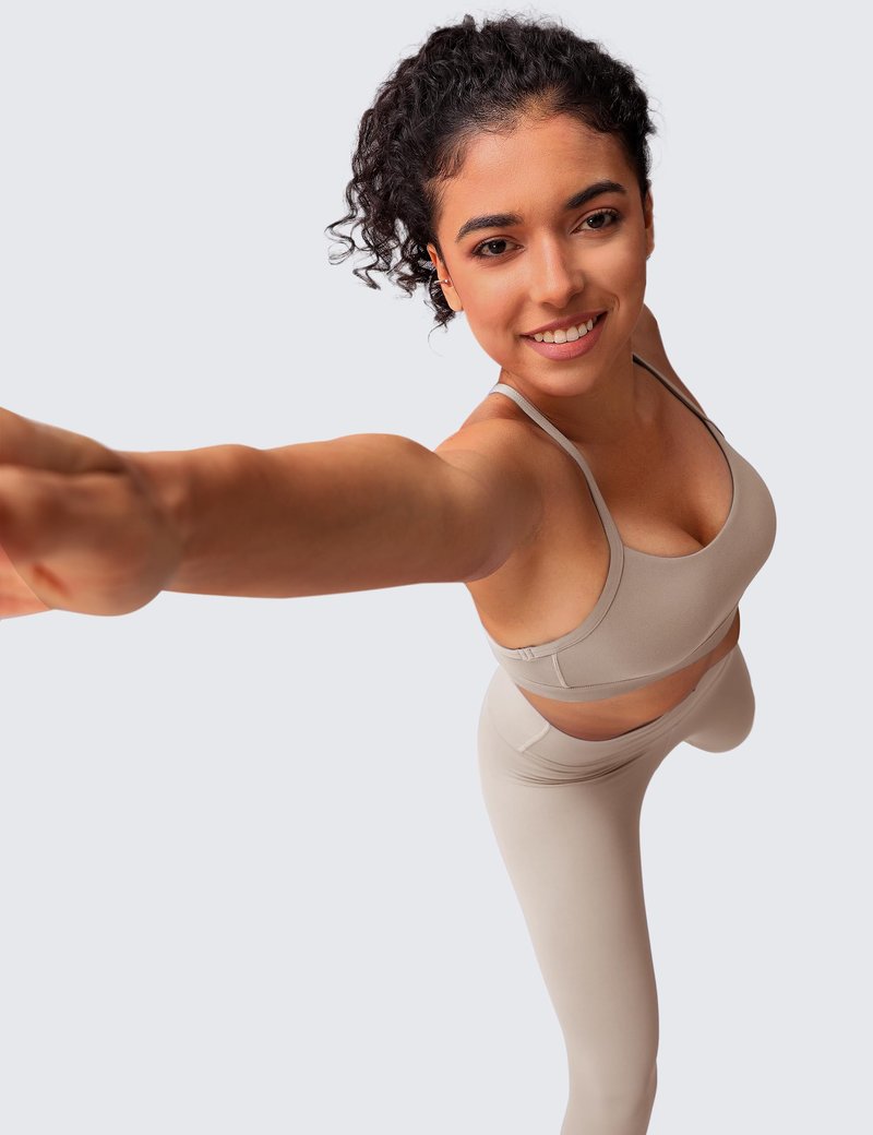 BAYDI Clouduxi Y Back Sports Bras for Women- Low Impact Padded Racerback Spaghetti Strap Womens Workout Yoga Gym Tops Pale Khaki
