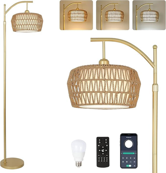 Gold Floor Lamps for Living Room, Boho Rattan Floor Lamp with Remote and Dimmable Bulb, 3 Color Temperatures, Modern Arc Standing Lamp with Wicker Shades, Farmhouse Tall Lamp for Bedroom