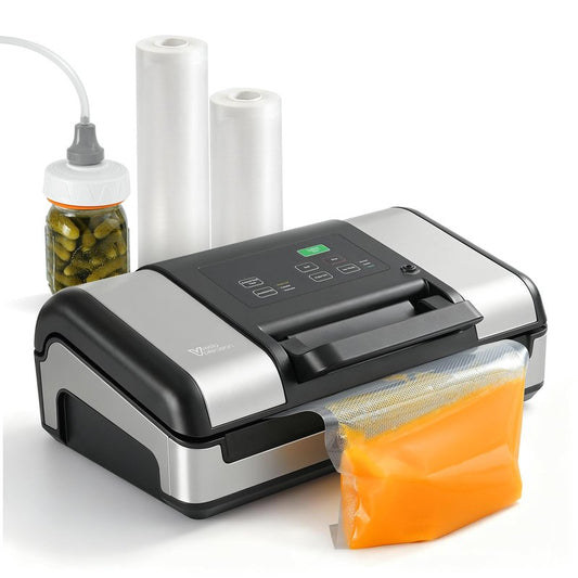 Vesta Precision 12" Vacuum Sealer Machine for Liquid & Moist Foods, Smart Heat Sealing Prevents Bag Melting, Built-in Cutter & Roll Storage Fits 2X20’ or 1X50' Rolls, Mason Jar Kit, Sous Vide, V23