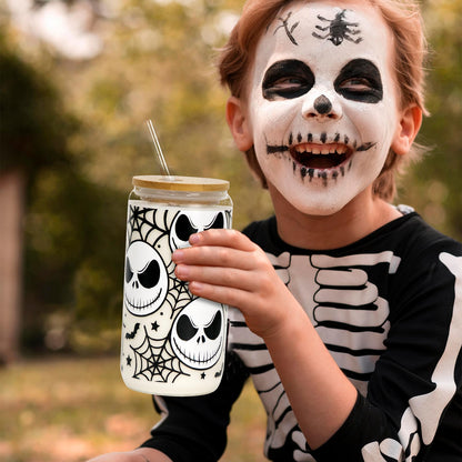 Joyseller Halloween Iced Coffee Can Glass, 18oz Nightmare Halloween Cup with Lid and Straw, Spooky Season Glass Tumbler for Fall Gifts