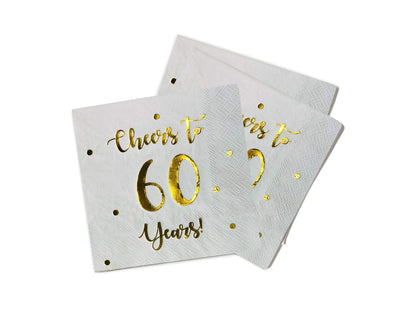 Cheers to 60 Years Cocktail Napkins | Happy 60th Birthday Decorations for Men and Women and Wedding Anniversary Party Decorations | 50-Pack 3-Ply Napkins | 5 x 5 inch folded (White)