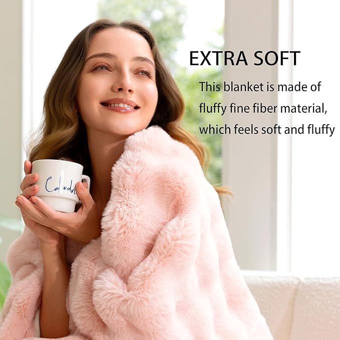 Luxury Faux Fur Throw Blanket 3D Bubble for Couch - Fluffy Blanket Double-Sided Non-Shedding, 50x60 Inches, Fits Bed/Car/Camping/Patio, Gift for Women,Room Decor,Pink