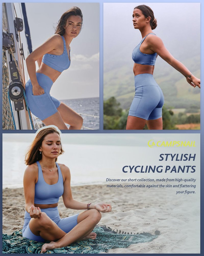 CAMPSNAIL Biker Shorts Women with Pockets - 3"/5"/8" High Waisted Workout Spandex Tummy Control Gym Running Yoga Shorts Light Blue
