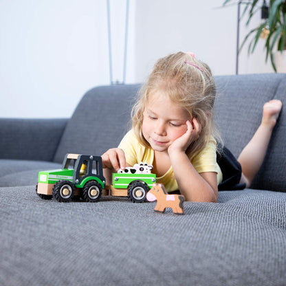 New Classic Toys - Houten speelgoed - Houten tractor met aanhanger, Green