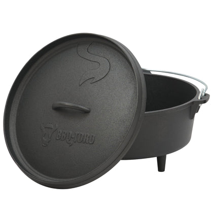 BBQ-Toro 6-piece dutch oven set in wooden box, cast iron, pre-seasoned, with cooking pot, saucepan, grill rack, tripod and more