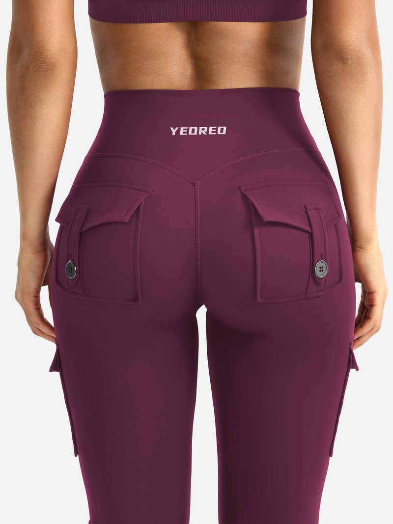 YEOREO CoreFlex Women Workout Flare Leggings with Pockets Hidden Scrunch High Waisted Cargo Gym Yoga Leggings Deep Cherry Red XS