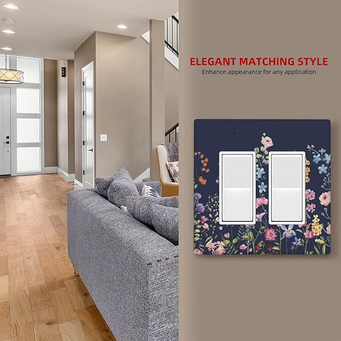 Rustic Wild Floral Darkground Vintage Watercolor Flower 2 Gang Rocker Decora Light Switch Covers Decorative Dual Outlet Covers Wall Plate Electrical Faceplate Switchplate GFCI for Bedroom