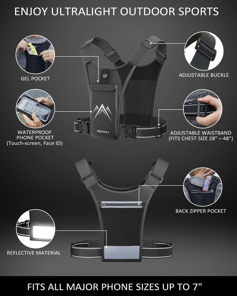 REVALI Running Vest for Men Women, USA Patent, Ultralight Reflective Running Vest Phone Holder Chest Pack for Hiking Cycling