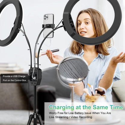 SEBIDER 10" LED Ring Light with Tripod Stand & Phone Holder,Dual LED Ring Lights Dimmable with 5 Light Modes(2700-6500K) &12 Brightness for Makeup/Photography/TikTok/YouTube/Selfie Live Streaming