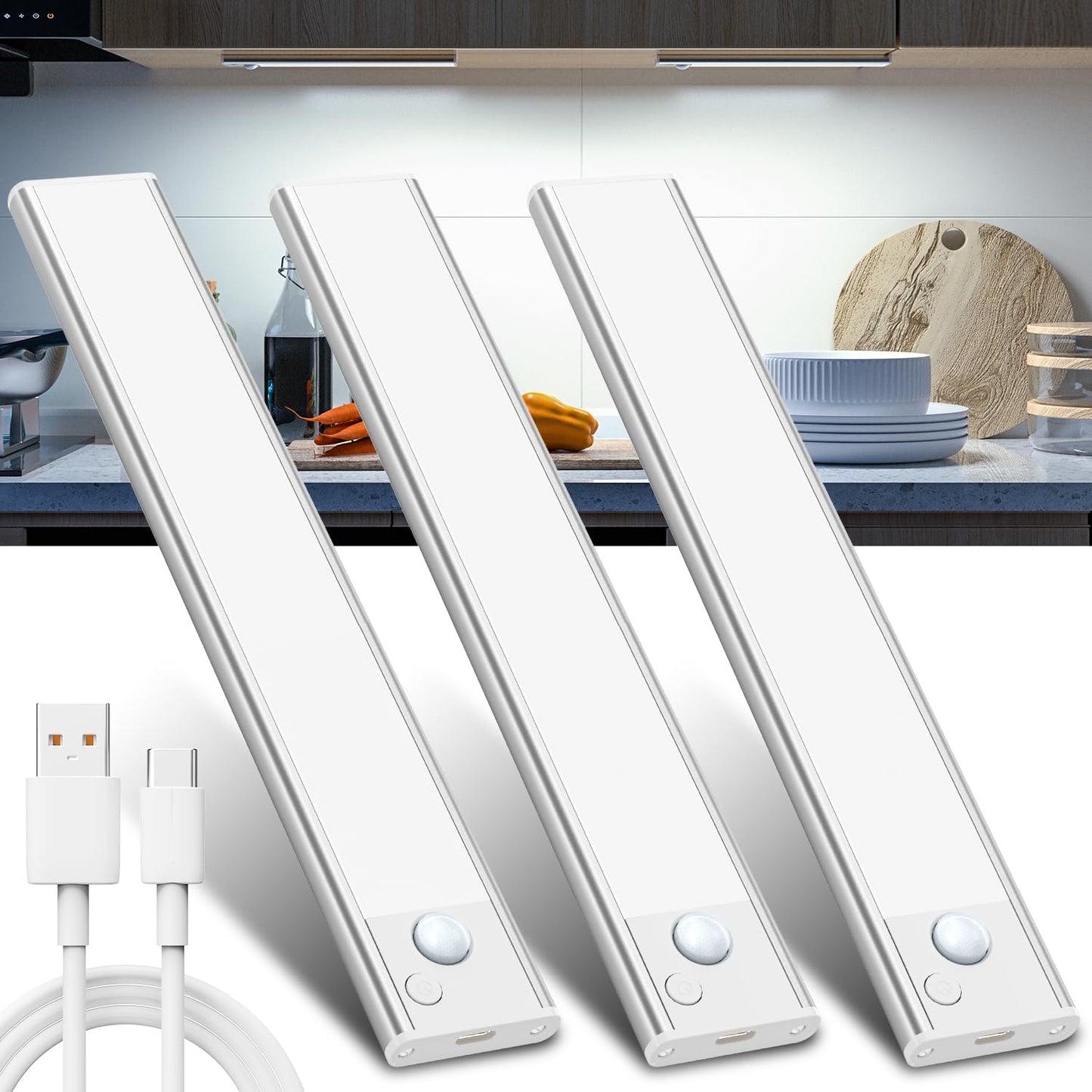 JEKEMORYE Under Cupboard Kitchen Lights LED - White 20CM 3 Pack - with 2 USB Cables