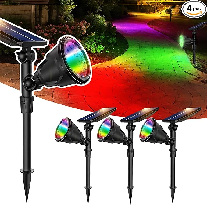 JSOT 4 Pack Halloween Solar Spot Lights Outdoor- RGB Solar Lights Outdoor Waterproof Color Changing Spotlights Christmas Decor, Outside Landscape Lighting for Yard Driveway Tree