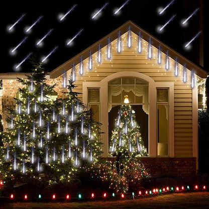 Kordain Christmas Lights Outdoor, Meteor Shower Lights Falling Star 12 inch 8 Tubes 144 LED Icicle Snow Falling Raindrop for Xmas Tree Halloween Party Decoration, UL Plug, White