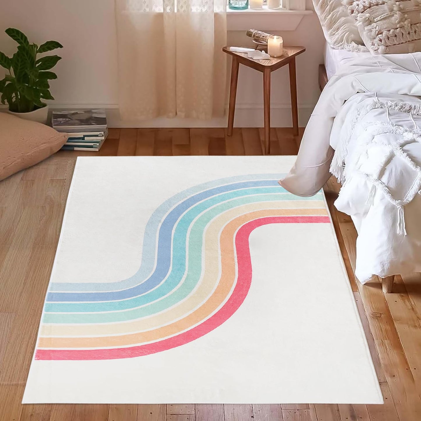 Poowe Rainbow Machine Washable Area Rugs-5'x7' for Living Room, Large Non-Slip Boho Kids Nursery Throw Rug Carpet for Bedroom Entryway Dining Room Office Rug Decor (Rainbow)