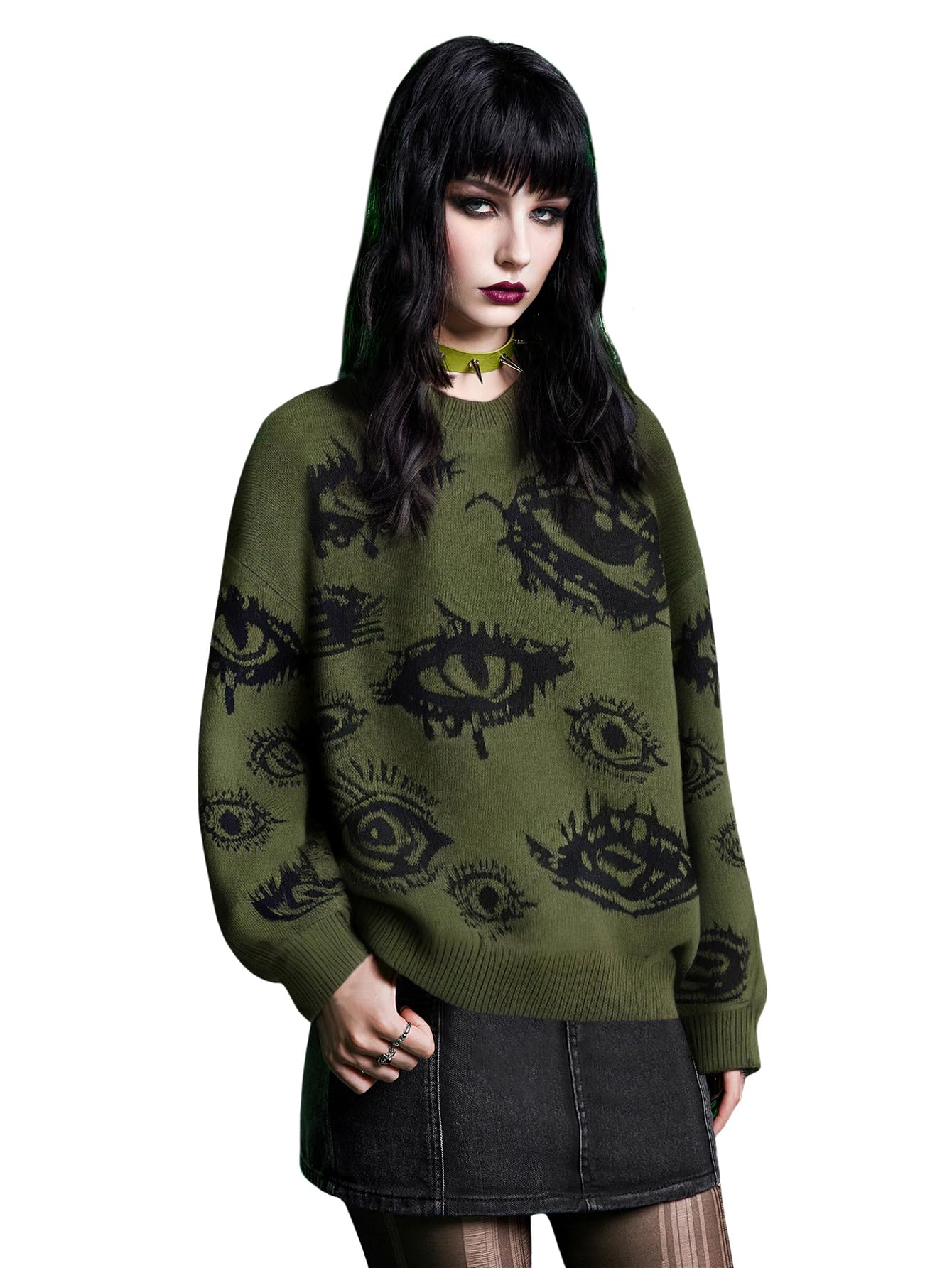 Floerns Women's Goth Grunge Punk Halloween Christmas Graphic Print Long Sleeve Drop Shoulder Sweaters Pullover Tops Army Green