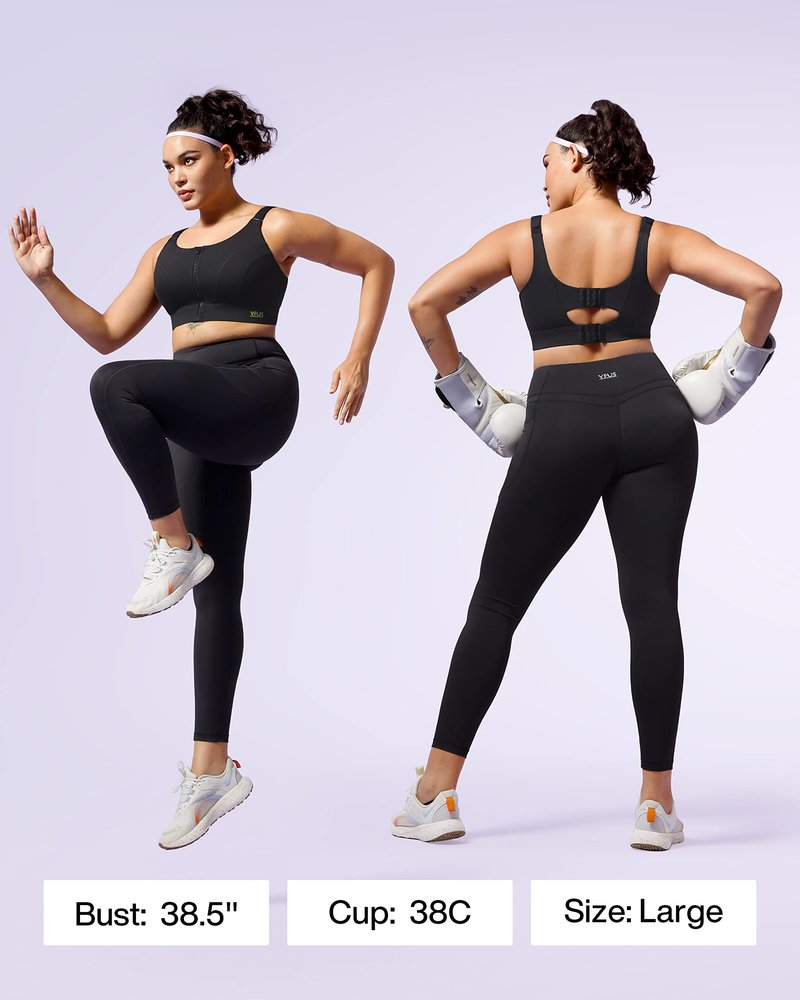 VFUS Adjustable High Impact Sports Bras for Women Zip Front Full Coverage and Lift Padded Compression Tops (XX-Large, Black)