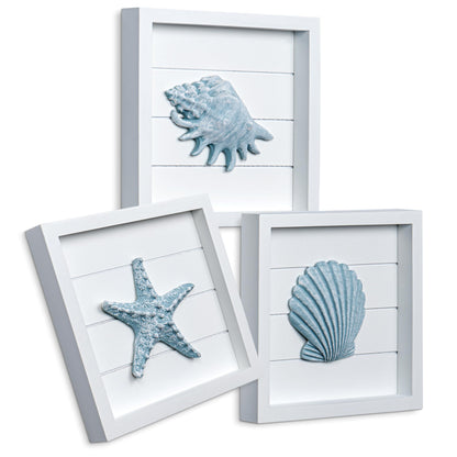 TideAndTales Blue Seashells and Starfish (Framed Set of 3) Coastal 3D Wall Art for Bathroom or Bedroom, Ocean-Inspired Beach Decorations for Home or Beach House