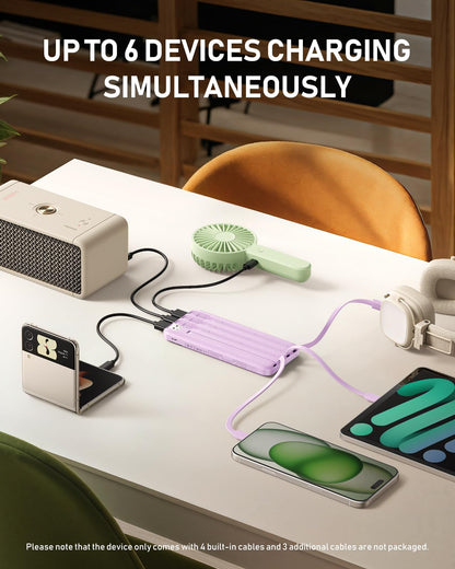 charmast Portable Charger with Built in Cables, 10000mAh Slim Power Bank, 15W USB C in&Out Port High Speed Charging External Charger, Battery Pack Compatible with iPhone 16 15 13 Samsung Google iPad
