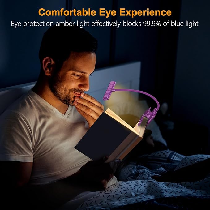 Gritin 19 LED Rechargeable Book Light for Reading in Bed with Memory Function- Eye Caring 3 Color Temperatures,Stepless Dimming Brightness,80 Hrs Runtime Clip on Light for Book Lovers-Dark Purple