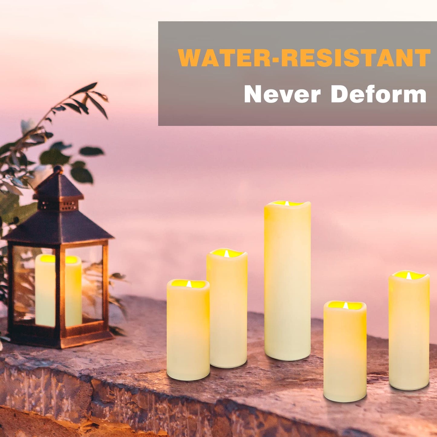 YIWER LED Outdoor Flameless Candles - Set of 5 Battery Operated Candles with 10-Key Remote Ivory Flickering Plastic Pillar Candles for Wedding, Table, Festival, Halloween, Christmas Decorations