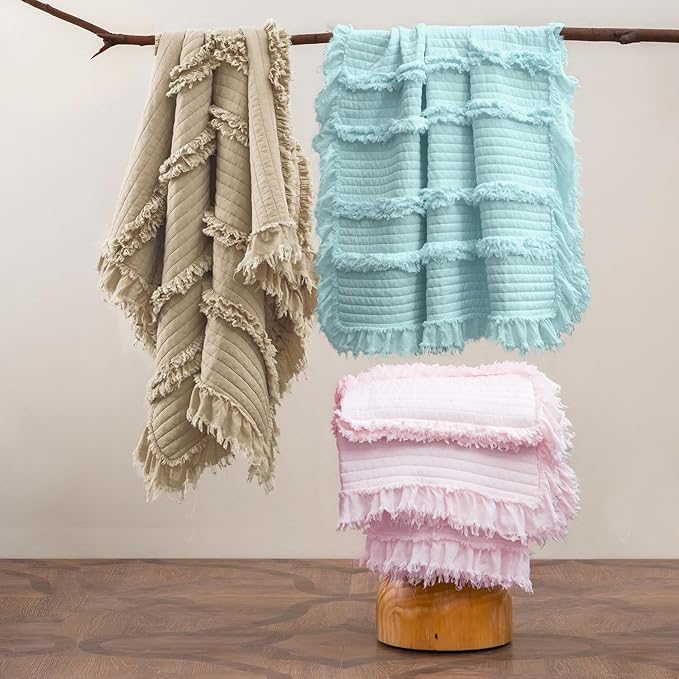 Ultra Soft Pre-Washed Quilted Boho Pink Twin Size Blankets for Bed, Ruffle Fringed Decorative Throw, Stone Washed Chic Rustic Blanket for Sofa Couch Bed, 60"*80"