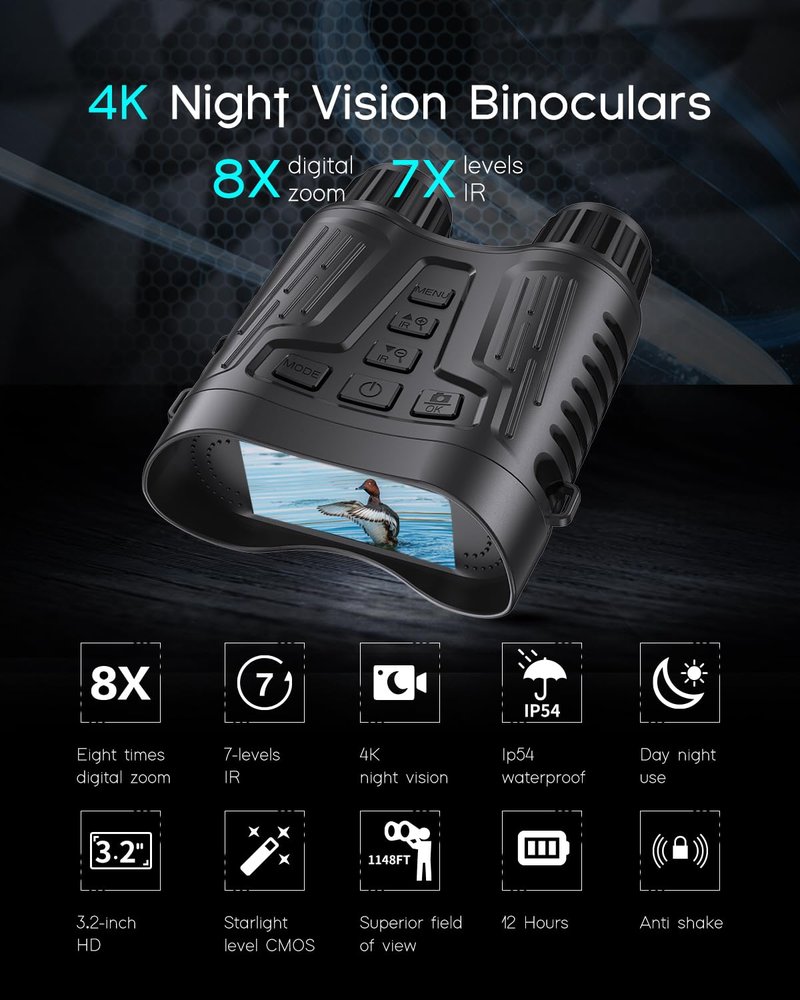 4K Night Vision Binoculars with Video Recording for Men, for Dad & Husband, 3.2" HD Display, 8X Zoom, 32GB Card,Gifts for Valentine’s Day, Birthday, Outdoor Camping and Wildlife Observation