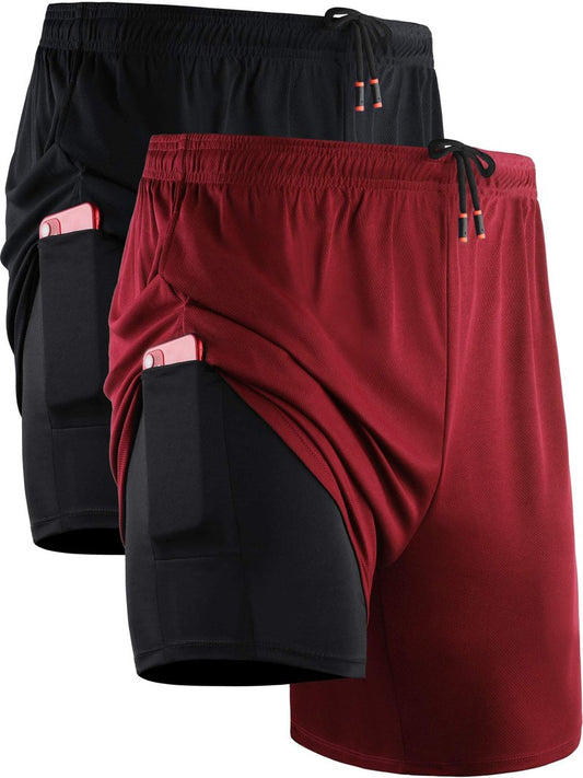 NELEUS Men's 2 in 1 Running Shorts with Liner,Dry Fit Workout Shorts with Pockets,6070,2 Pack,Black/Red,US L,EU XL