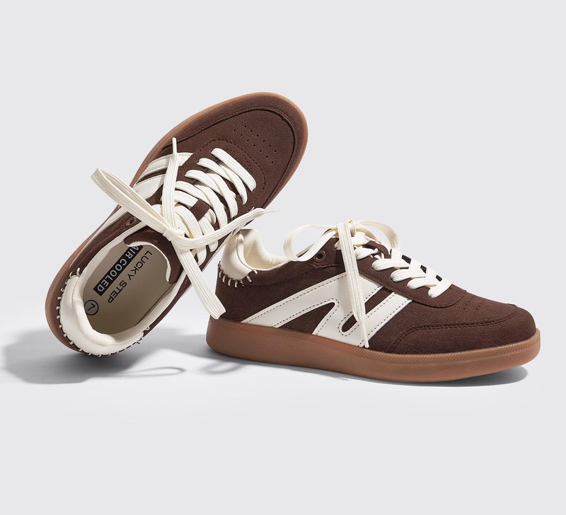 LUCKY STEP Women Classic Retro Gum Sole Fashion Sneakers Casual Tennis Skate Shoe Genuine Leather Walking Footwear Anti Slip Trainers(Dark Brown,8)