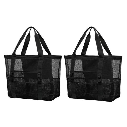 F-color Mesh Beach Bag Family - 2 Pack Beach Tote 9 Pockets Cruise Vacation Essentials, Black