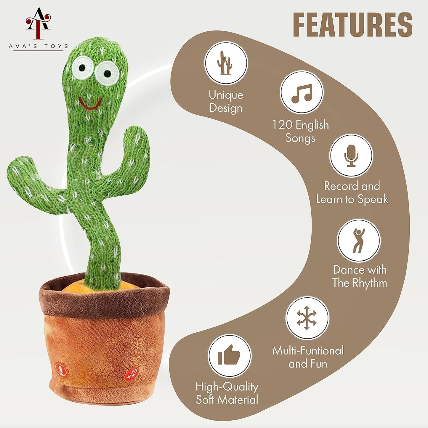 Ava's Toys Talking Cactus Toy with Voice Recording, Repeating, Nursery Songs- Dancing Cactus Sensory Toys for 1 Year Old – Soft Plush Toddler Toy for Boys and Girls – Fun and Interactive Features
