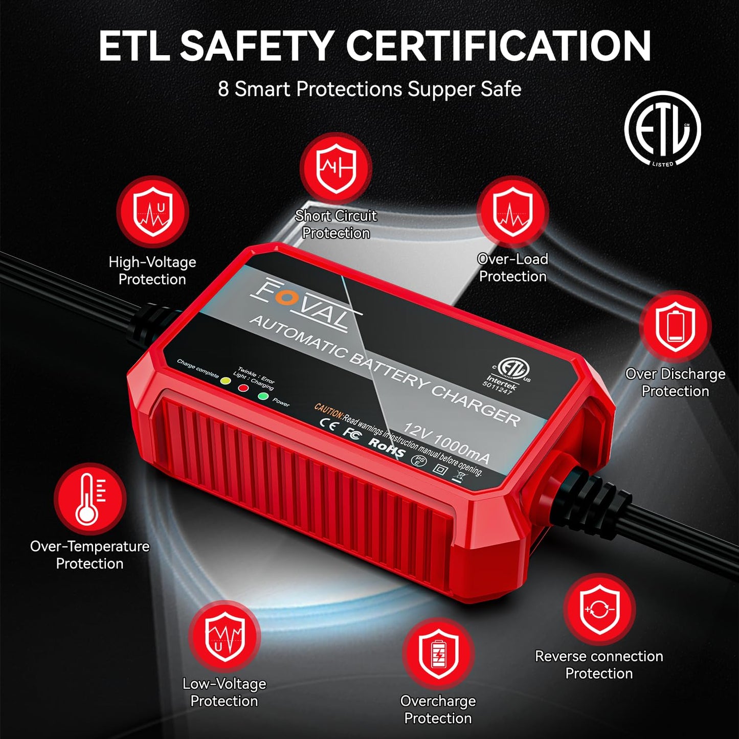 Foval Automatic Trickle Battery Charger 12V 1000mA Smart Battery Charger