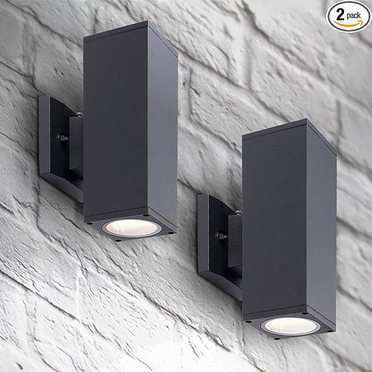 ASD 2 Light Square Dusk to Dawn Outdoor Wall Light Fixture | 120W E26 Bulb Socket 120V ETL Cylinder Up Down Lights | LED/CFL/Incandescent Bulb Wall Sconce | Front Door, Porch, Patio | Black, 2 Pack