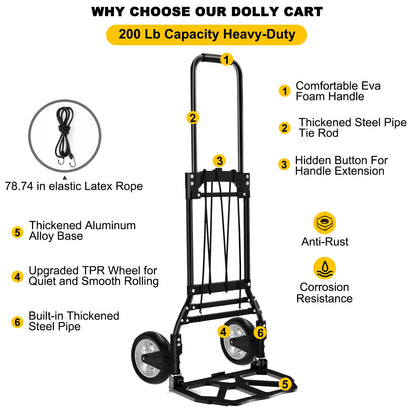Folding Hand Truck and Dolly, 200 LB Capacity Upgraded Aluminum Dolly Cart, Extended Handle Portable Hand Truck for Travel, Moving, Shopping, Office Use, Black