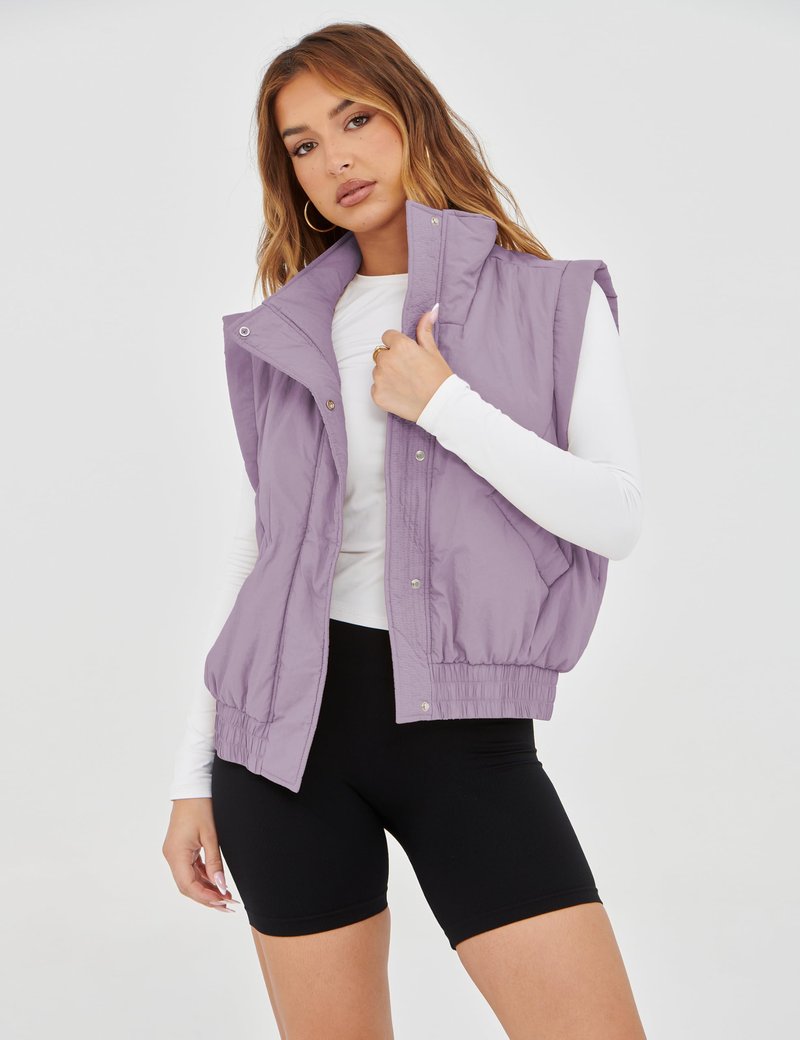 Lviefent Womens Puffer Vest Cropped Lightweight Button Down Quilted Vest Sleeveless Padded Gilet Coat with Pockets (Purple-XS)