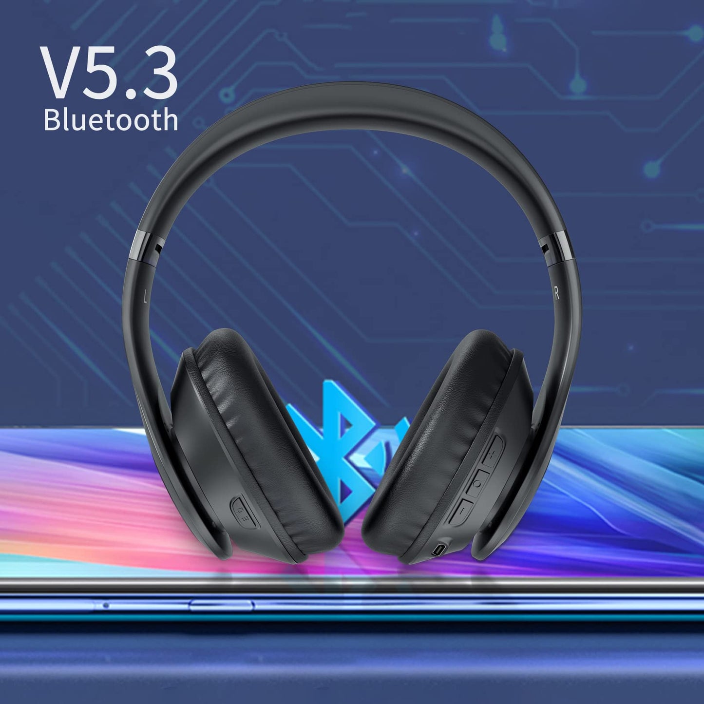 Uliptz Wireless Headphones Over Ear, 65 Hrs Playtime Bluetooth Headphones, 6 EQ Modes Foldable Lightweight Headphones Wireless, Foldable Bluetooth 5.3 for Travel/Office/PC (Black)