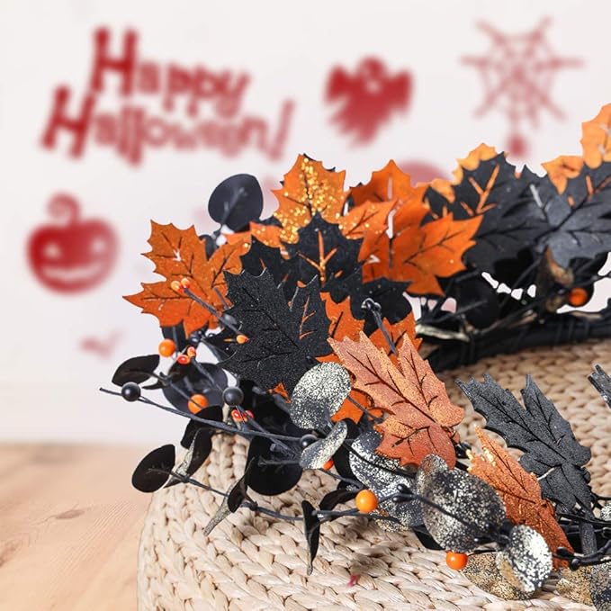 YNYLCHMX 18" Halloween Wreath for Front Door, Halloween Door Wreaths, Fall Autumn Farmhouse Wreath with Golden and Black Maple Leaves for Home Winsow Decorations Indoor Outdoor Party Decor