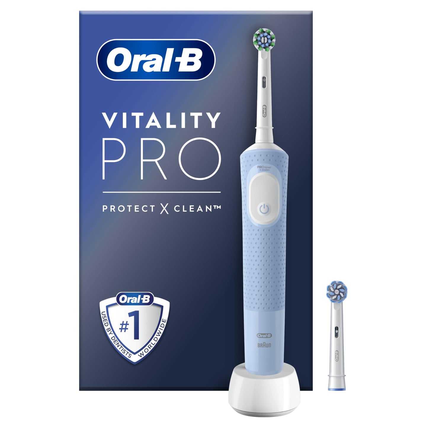 Oral-B Vitality Pro Electric Toothbrushes Adults, Oral B Electric Toothbrush, 1 Handle, 2 Toothbrush Heads, 3 Brushing Modes Including Sensitive Plus, Rechargeable Toothbrush, 2 Pin UK Plug, Blue