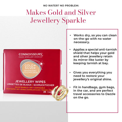 Connoisseurs Jewellery Wipes | 25 Jewellery Cleaning Wipes for Gold & Silver Jewelery | Anti-Tarnish Protective Shield | Dry, Disposable