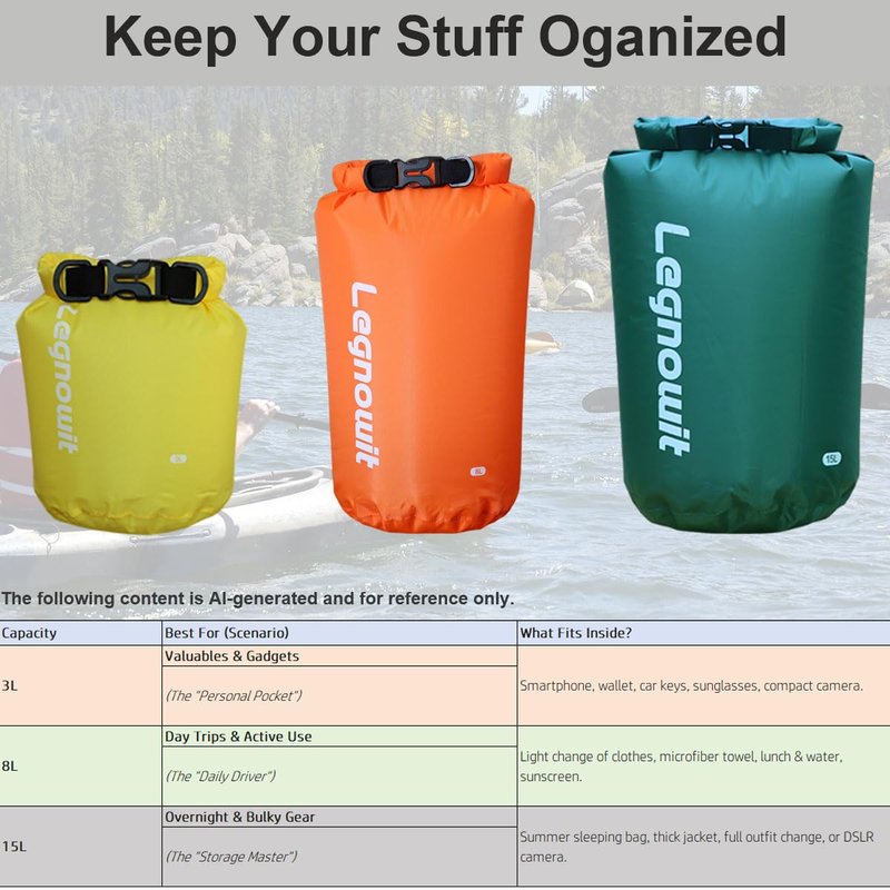 Legnowit Dry Bag, 3 Pack/5 Pack Waterproof Lightweight Small & Large Dry Sacks for Outdoor Camping, Backpacking, Kayaking, Boating, Travel and More