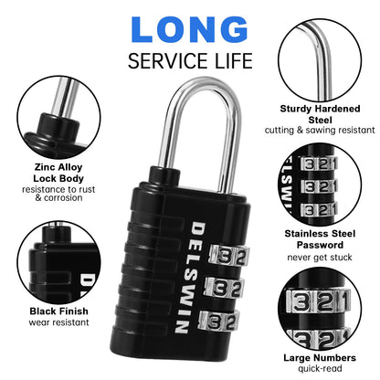 DELSWIN Combination Lock 3-Digit Small Padlock - 4Pcs Resettable Combo Lock for School Gym Locker, Outdoor, Fence, Gate, Waterproof Luggage Locks for Travel Backpack