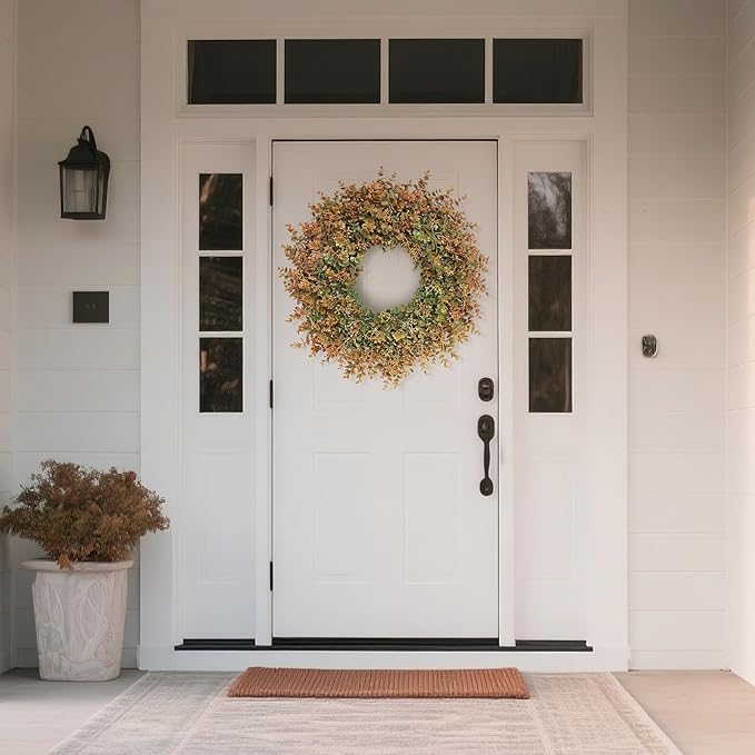 26" Fall Wreath for Front Door - Large Artificial Eucalyptus Leaves with Orange Seeds Outdoor Wreath for Porch, Window,Farmhouse,Home,Thanksgiving Day Harvest Festival Autumn Decor