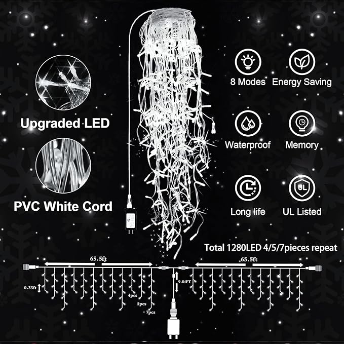 JXLEDAYY Christmas Lights Super Long 1280 LED 131 FT LED String Lights with 240 Drops Plug in 8 Modes Christmas Decoration for Holiday Wedding Party Bedroom Garden Patio Outdoor Indoor (Cool White)