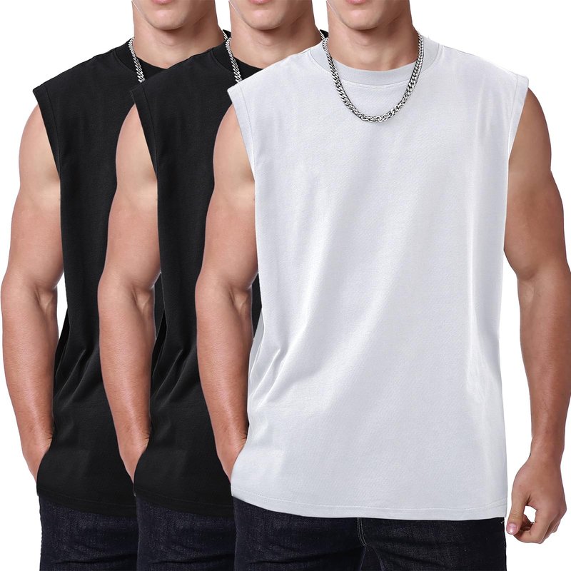 SnowElve 3 Pack Mens Workout Tank Tops Sleeveless Tee Shirts Men Muscle Shirt Gym Cotton T Shirts Running Beach Loose Fit Tee（XZG,BKBKWT,M