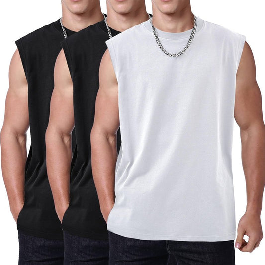 SnowElve 3 Pack Mens Workout Tank Tops Sleeveless Tee Shirts Men Muscle Shirt Gym Cotton T Shirts Running Beach Loose Fit Tee（XZG,BKBKWT,M