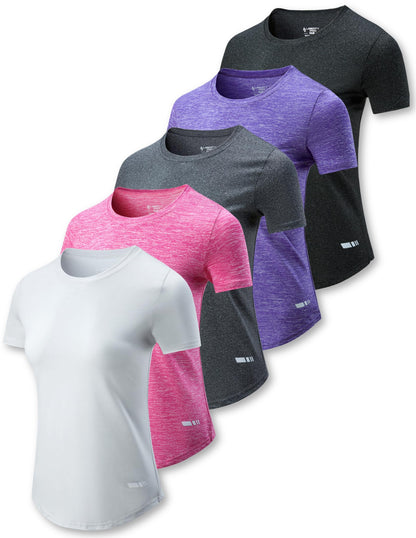 5 Pack: Women's Dry Fit Short Sleeve T Shirts, Athletic Workout Tee Tops for Gym Yoga Running (Set 3, Medium)