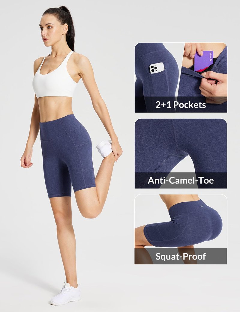 baleaf Biker Shorts Women Yoga Gym Workout Spandex Running Volleyball Tummy Control Compression with Pockets 8" Heather Blue XXXL