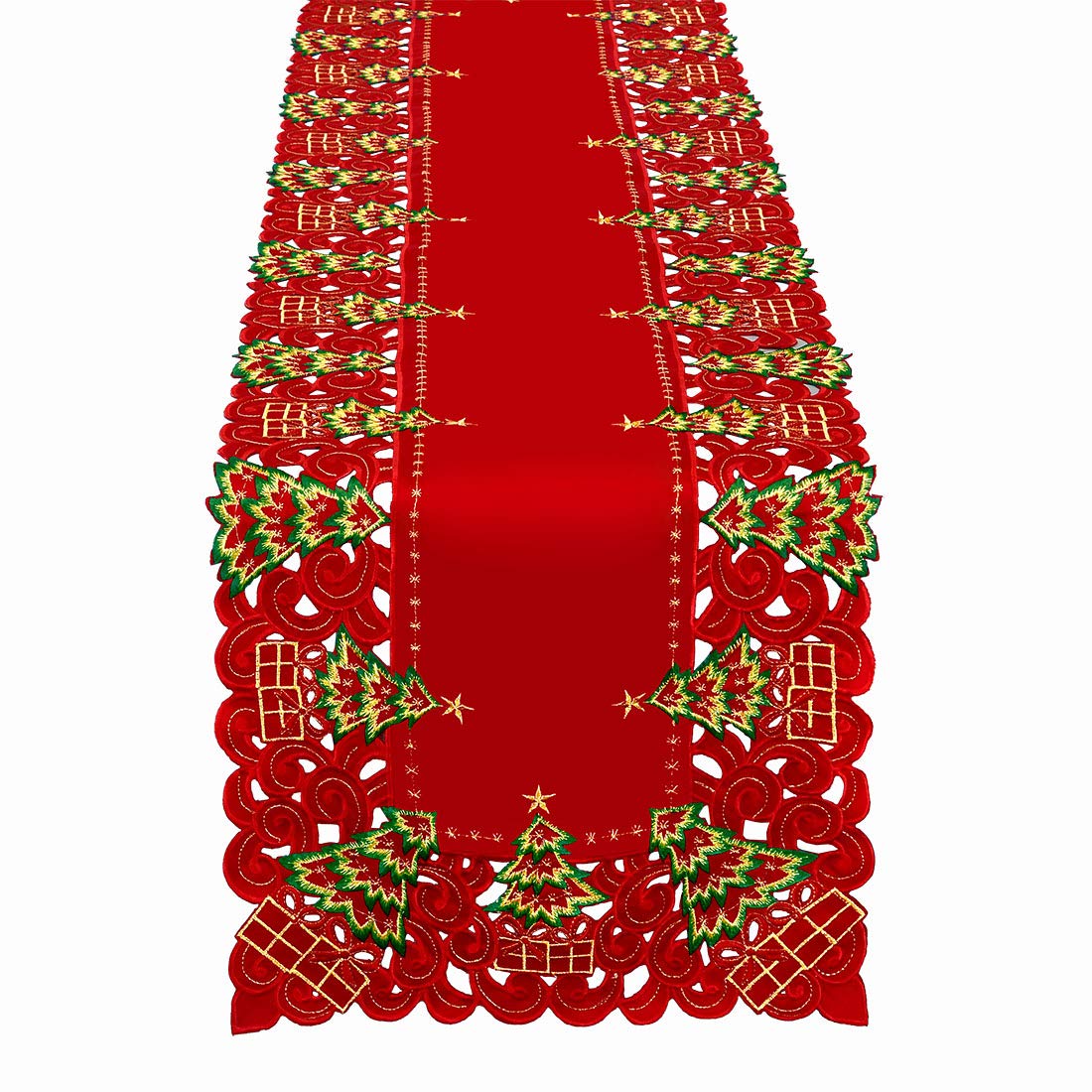 Grelucgo Embroidered Christmas Holiday Holly Tree Table Runner, Dresser Scarf, Rectangular 16 x 72 Inch