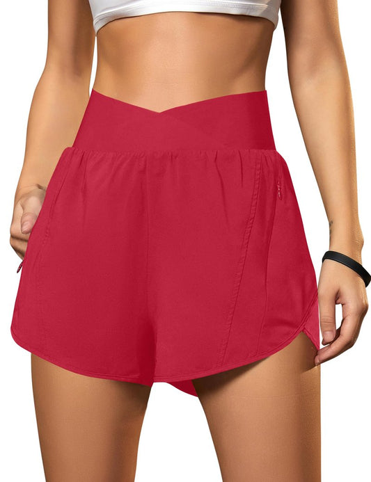 Blooming Jelly Women's Workout Shorts Athletic Running Elastic High Waisted Black Gym Yoga Shorts with Zipper Pockets (Red,Medium)