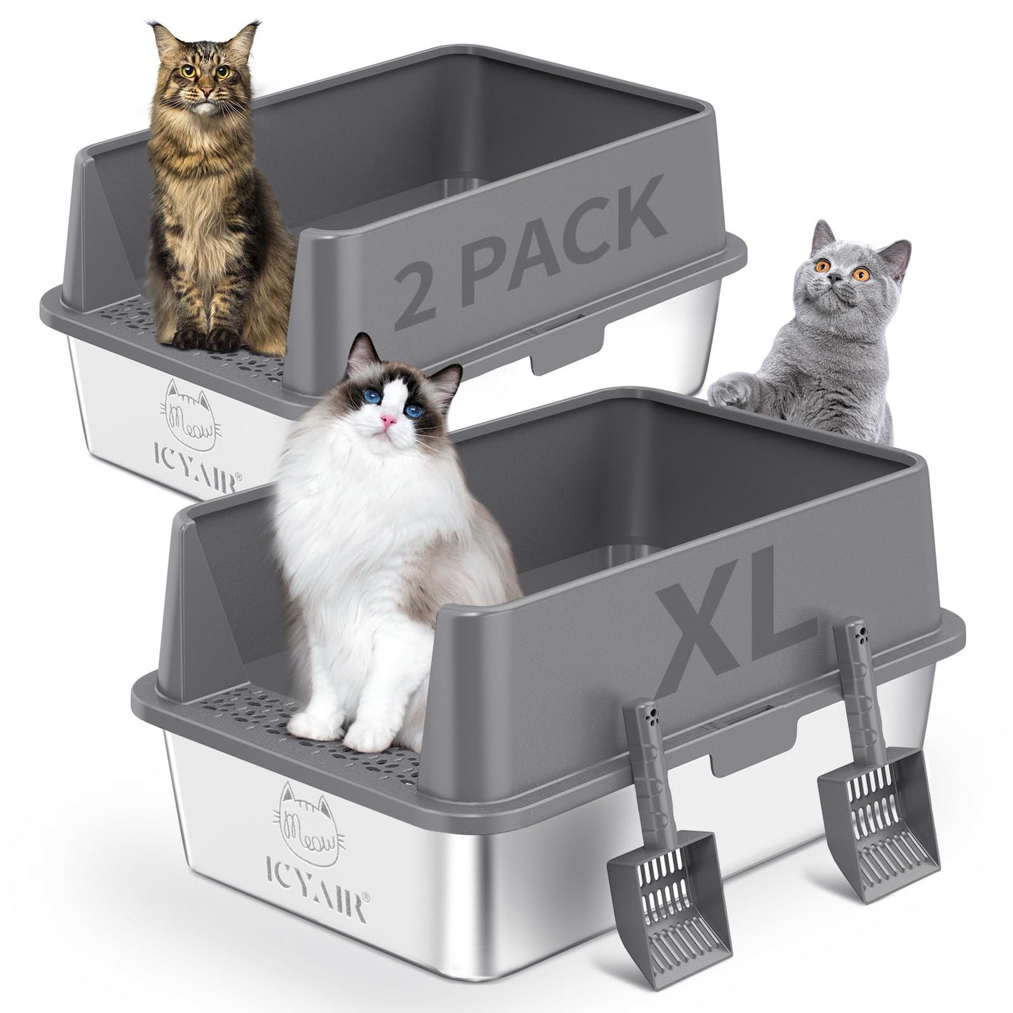 2PACK Stainless Steel Cat Litter Box with High Sides Lid, Extra Large XL Litter Box for Big Cats, Metal Kitty Litter Boxes with Anti-Leakage Enclosure,Non-Stick,Odorless,Scoop Included