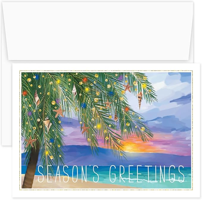 Canopy Street Masterpiece Tropical Sunset Cards / 16 Coastal Holiday Card Set With White Envelopes / 5 5/8" x 7 7/8" Warm Weather Palm Tree Vacation Greeting Cards With Meaningful Inside Verse